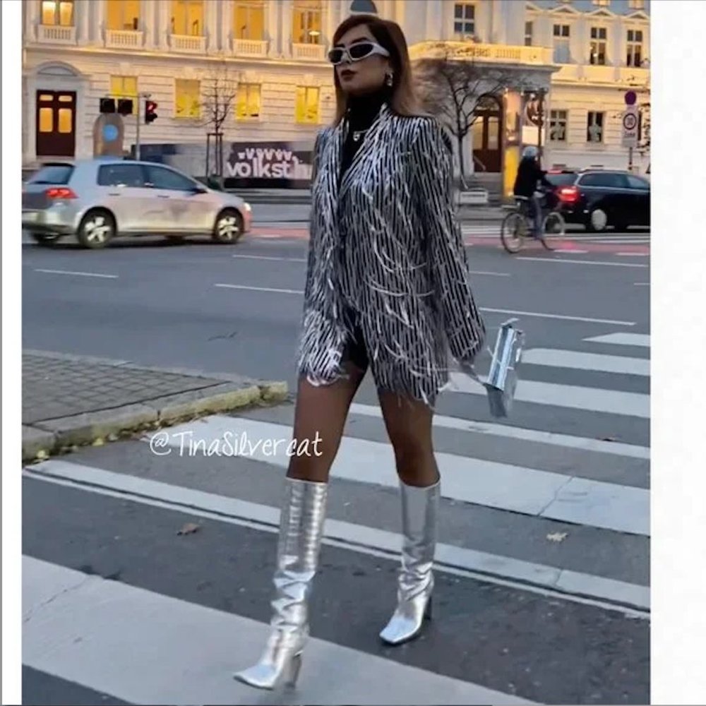 BLOGGER'S FAVE! Zara Embossed Square Toe High Heel Knee High Boots Silver NWT - Picture 14 of 17